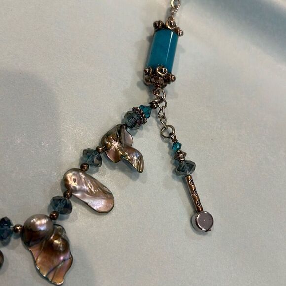 #2 Faux abalone, on a 24”  silver tone chain, with aqua faceted beads. - Picture 4 of 5